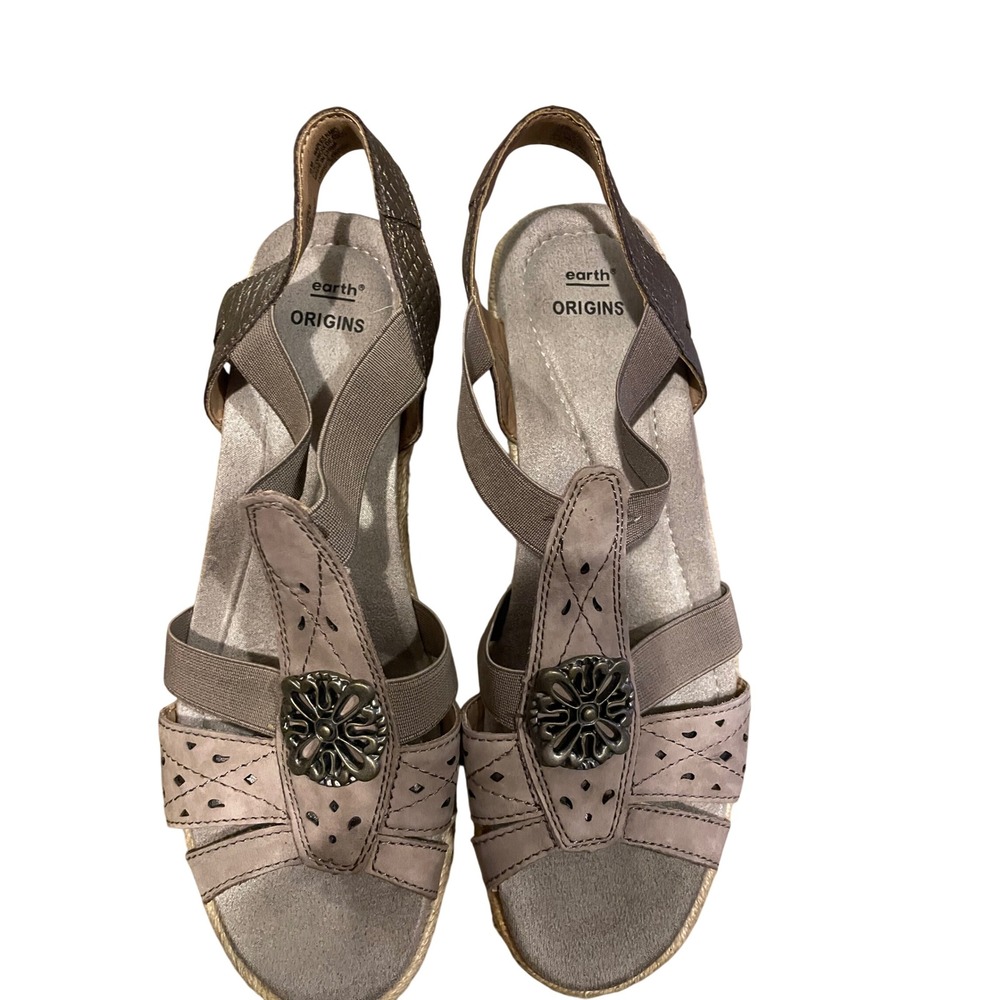 Earth Origins Naples Nanci Taupe Leather Espadrille Wedge Sandals Womens 9M